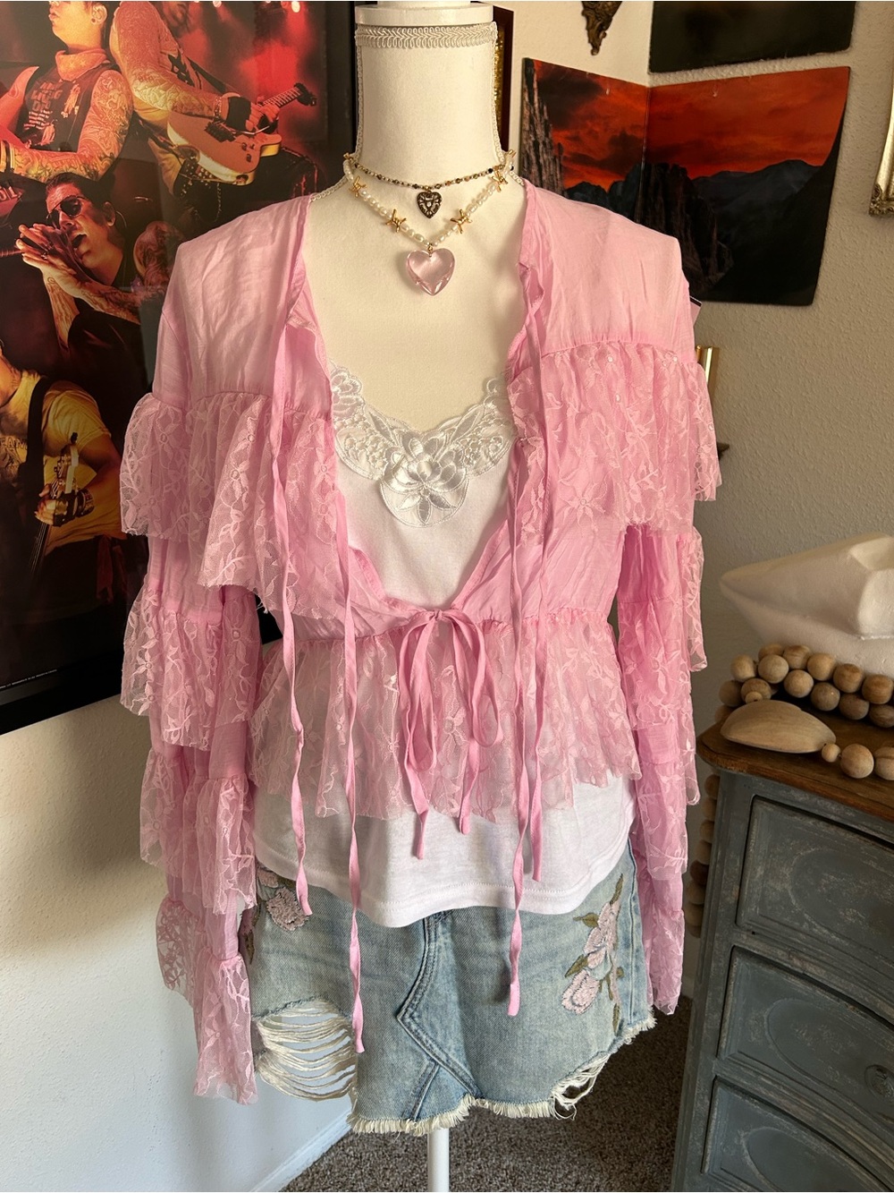 Fairycore Tie Front Lace Top Size S Pink Bell Sleeves Tiered Ruffles Coquette